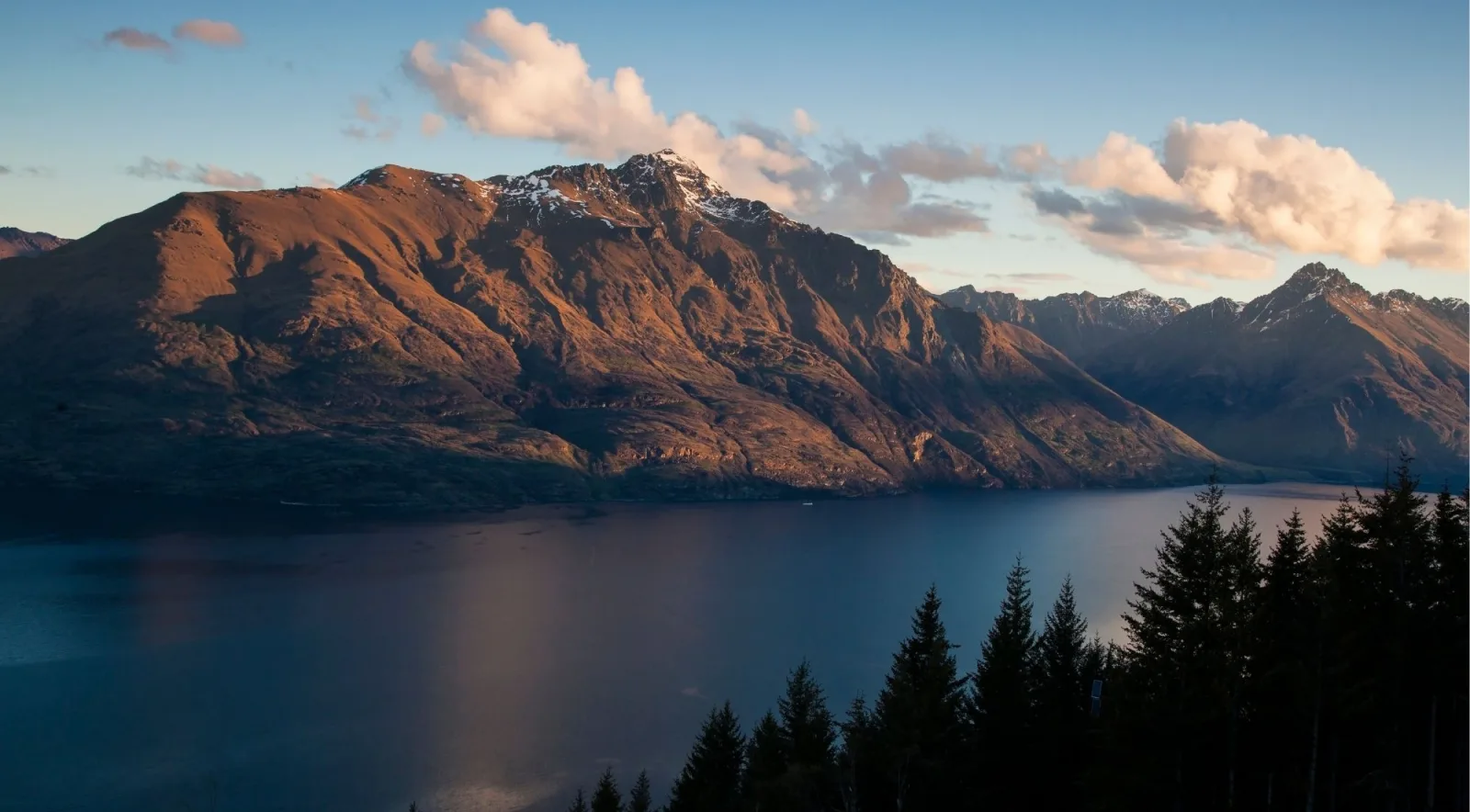 Cecil Peak catching low golden light above Lake Whakatipu, with pines silhouetted in the foreground