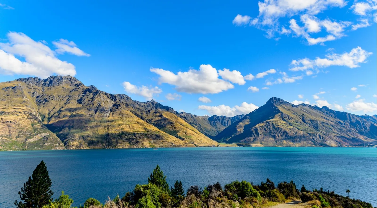 Deep blue Lake Whakatipu under scattered cumulus, tussock-covered mountains running down to the water on both sides